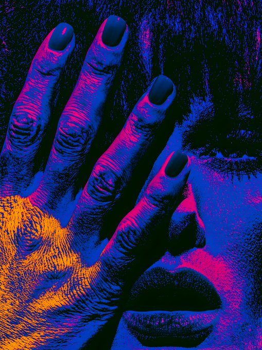 A stylized, high-contrast image of a hand and face rendered in blue, orange, and magenta with halftone textures.