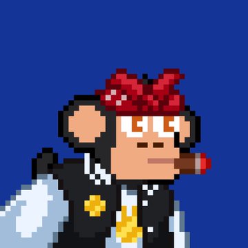 The image features a cartoon monkey wearing a red bandana around its head and holding a cigar in one hand while wearing a black jacket with gold accents, giving off an impression of a hipster or hipster-like style. The background color is blue, which contrasts nicely with the monkey's attire and adds to the overall visual appeal of the image. The post includes text that reads "GM. Half the opportunities are hidden in plain sight 1/1 pixelated version of my PFP @ChimpersHQ @TimpersHD", suggesting a connection between the cartoon character and the creator or owner of the image, possibly indicating a collaboration or partnership.