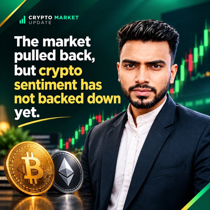 A 'Crypto Market Update' graphic features a man in a suit alongside Bitcoin and Ethereum coins, with text stating 'The market pulled back, but crypto sentiment has not backed down yet.'