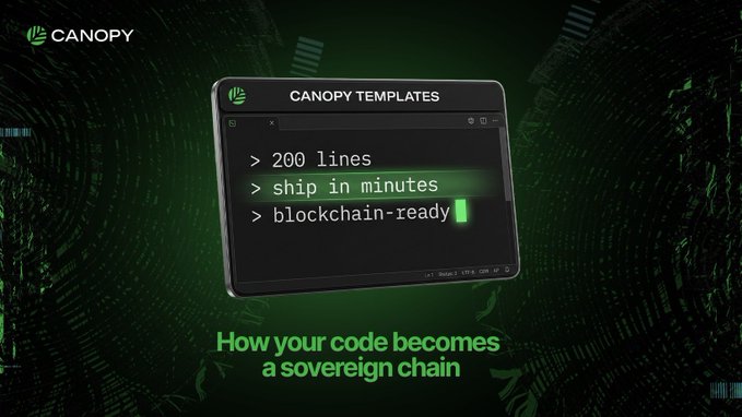 A promotional graphic for 'Canopy Templates' reads '> 200 lines, > ship in minutes, > blockchain-ready' on a terminal window, with the tagline 'How your code becomes a sovereign chain' against a green digital background.