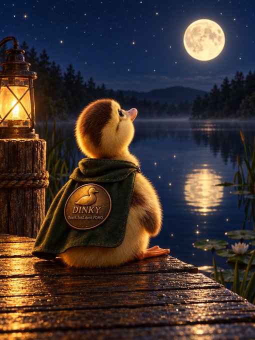 A digital artwork of a small duckling in a green cape labeled 'DINKY' sitting on a wooden dock by a moonlit lake.