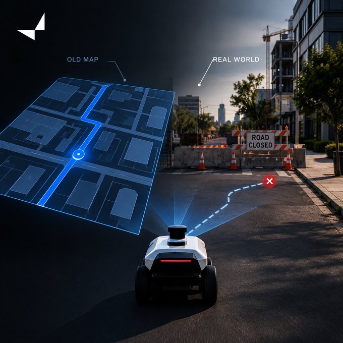 A promotional graphic shows a small autonomous robot projecting a hologram of an 'OLD MAP' that contrasts with a 'REAL WORLD' view of a road blocked by construction barriers marked 'ROAD CLOSED.'