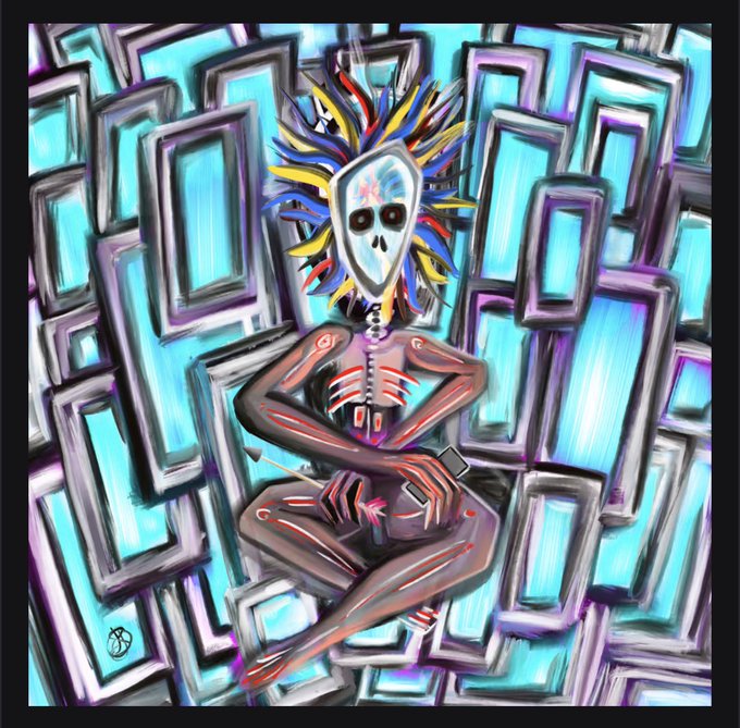 A haunting digital painting depicts a skeletal figure with a vibrant red, yellow, and blue spiky headdress, sitting cross-legged in a meditative pose against a backdrop of abstract teal and purple rectangular frames, reflecting the contemplative theme "We gained so much.. but what did we lose" through its memento mori symbolism and striking contrast between the lifeless body and colorful surroundings.