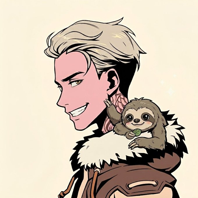 The image features a man with blonde hair wearing a brown jacket who has a sloth as his pet. The sloth appears to be sitting comfortably on the man's shoulder while he smiles at the camera. The caption of the image reads, "Morning y'all, have some good time, spend time with your family, and don't forget to sh*t post:) I'm just waiting for the market to recover a bit, my DamnETH is sitting at 2k level :(".