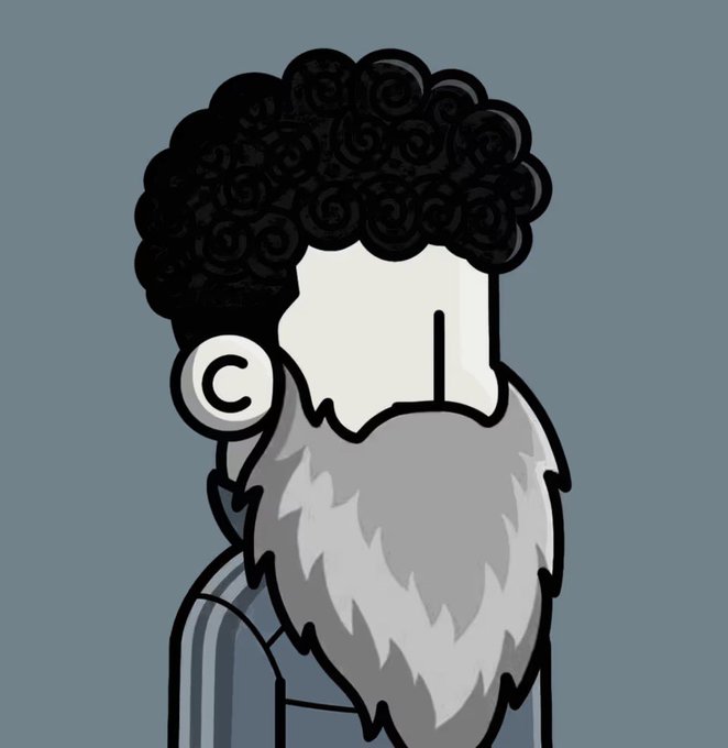 A minimalist vector illustration of a person with an afro hairstyle, large beard, and a copyright '©' symbol on their shirt against a blue-gray background.