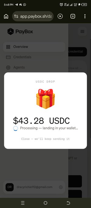A screenshot of the PayBox app shows a USDC drop notification for $43.28 USDC currently processing and landing in the user's wallet, related to a MoonPay promotional airdrop where users link their X and Gmail accounts to claim rewards.