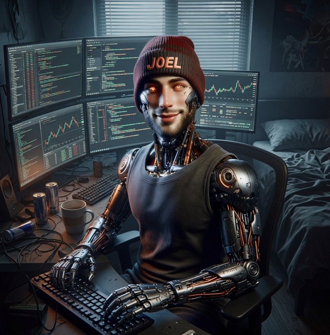 A digital illustration of a humanoid robot wearing a beanie labeled 'JOEL', sitting at a desk surrounded by multiple monitors displaying code and stock charts in a dimly lit room.