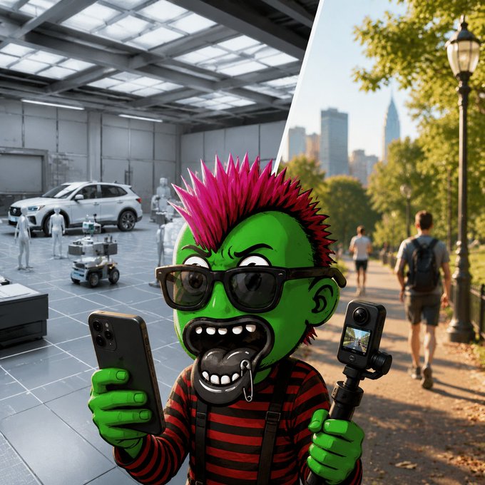 A green-skinned, pink-mohawked character with sunglasses and a pacifier holds a smartphone and action camera, split between a sterile indoor AI testing facility and a sunlit urban park path. The image visually contrasts the costly, artificial environments where autonomous systems are trained against the rich, real-world data that ordinary users can capture outdoors—reinforcing the post's message about monetizing everyday surroundings to fuel AI development.