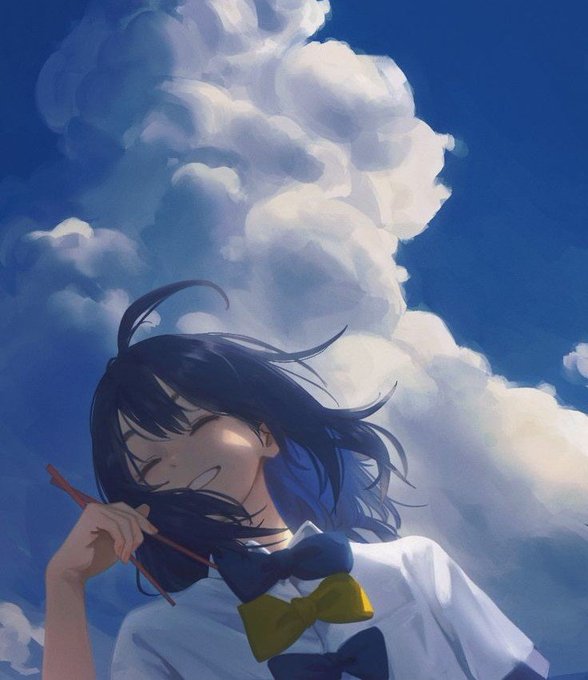 Anime-style illustration of a smiling schoolgirl with dark hair holding a paintbrush, set against a vibrant blue sky with billowing white clouds.