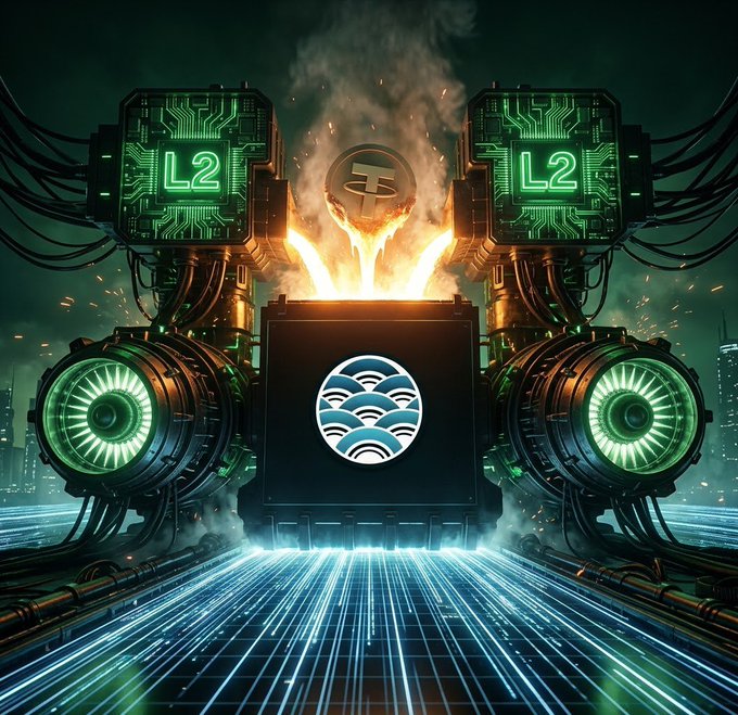 A futuristic sci-fi digital artwork featuring L2 (Layer 2) blockchain technology with glowing green circuit panels, mechanical jet engines, and a central NFT-style symbol with wave patterns.