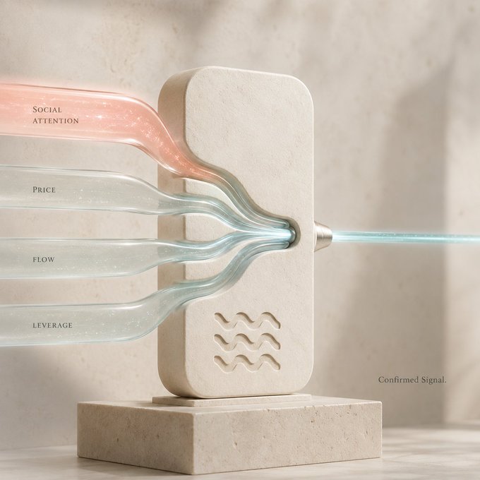 A conceptual 3D rendering showing labeled glass tubes labeled 'Social Attention', 'Price', 'Flow', and 'Leverage' feeding into a stone-like machine that emits a single blue beam of light, with the text 'Confirmed Signal.'
