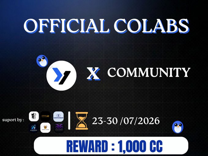 A promotional graphic for 'OFFICIAL COLABS' featuring a collaboration between two logos with a 'COMMUNITY' banner, running from 23-30/07/2026 with a reward of 1,000 GC, supported by various sponsors.