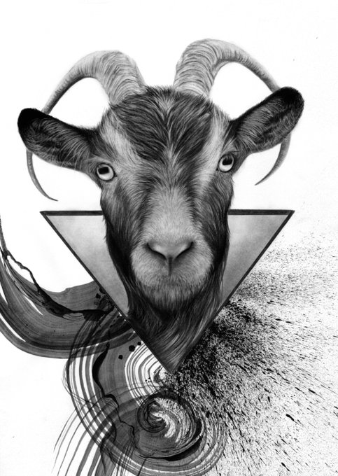 A black and white artistic illustration of a goat's head with large curved horns, positioned above a downward-pointing triangle with abstract swirling ink patterns.