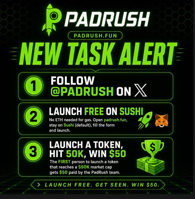 A promotional graphic for PadRush announces a new task alert with three steps: follow @PADRUSH on X, launch for free on Sushi (padrush.fun), and win $50 if you're the first to launch a token reaching a $50K market cap. The neon green and black design aligns with the post's claim about earning $50–$100 through PadRush's Robinhood-connected token launch platform.