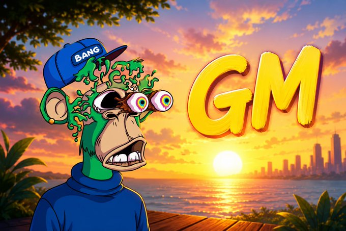 A cartoon monkey with a green face and "BANG" cap looks cross-eyed against a vibrant sunset, with the bold yellow letters "GM" floating to the right, matching the cheerful "Good Morning" greeting introducing BeldexCoin's privacy-focused ecosystem message.