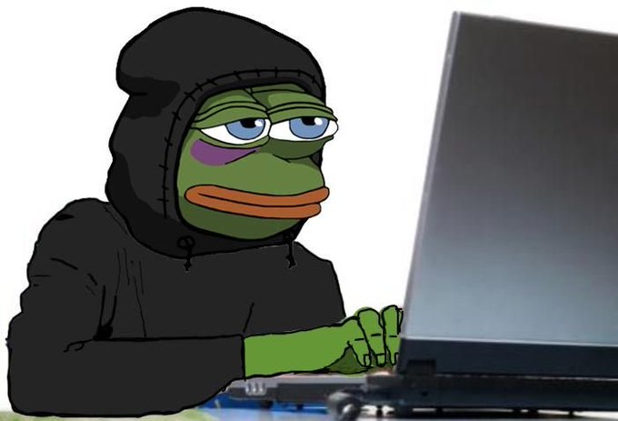 The image shows a Pepe the Frog meme character dressed as a "hacker" in a black hoodie, sitting at a laptop with a deadpan, unimpressed expression. The caption pairs with the post about crypto market cap debates, where the unimpressed hacker frog humorously conveys skepticism toward narrow-minded traders who can't fathom larger altcoins like Cardano rallying without "stealing" money from smaller-cap coins.