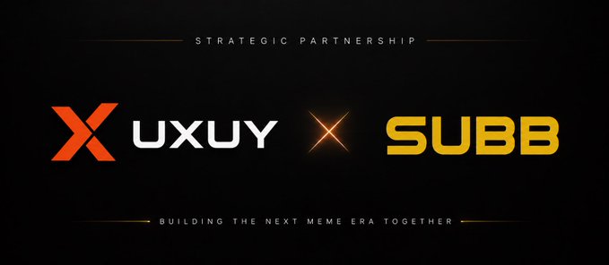 The image is a partnership announcement banner featuring the UXUY and SUBB logos side by side on a black background, with the text "STRATEGIC PARTNERSHIP" at the top and "BUILDING THE NEXT MEME ERA TOGETHER" at the bottom. This visually reinforces the post's announcement of the strategic collaboration between UXUY and SUBB to launch their first Alpha project on BNB Chain.