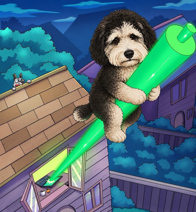 A fluffy black and white dog clings to a giant green crayon floating above a suburban rooftop at night, with another dog peeking over the edge. The whimsical cartoon illustration playfully ties into the post by visually branding the $Alfie token mascot, emphasizing the lighthearted, community-driven meme spirit of the cryptocurrency.