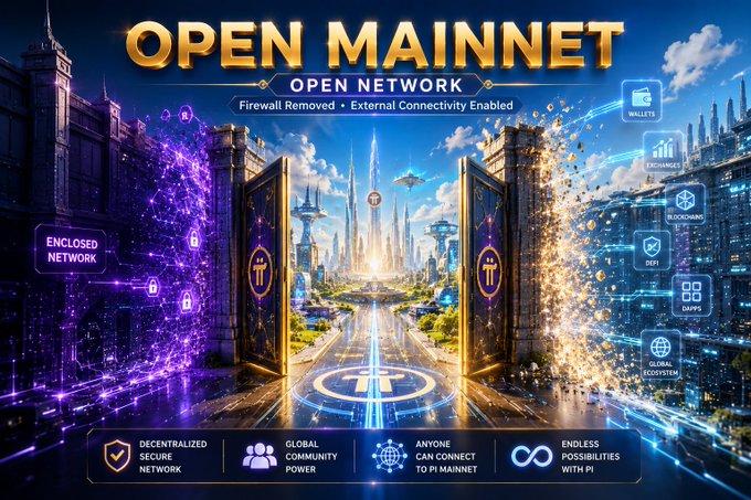 A promotional graphic reading 'OPEN MAINNET OPEN NETWORK Firewall Removed External Connectivity Enabled' showing a gateway to a futuristic city, with labels for 'ENCLOSED NETWORK', decentralized features, wallets, exchanges, blockchain, DeFi, DApps, and 'GLOBAL ECOSYSTEM'.