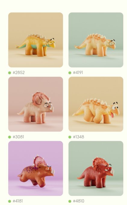 A grid of six cartoon-style triceratops figurines in pastel colors (yellow, peach, pink, red) on colored backgrounds, each labeled with a number (#2852, #4191, #3081, #1348, #4181, #4810).