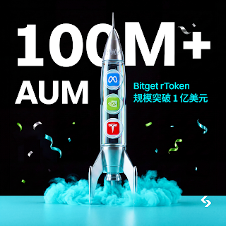A promotional graphic celebrating Bitget rToken surpassing 100M+ AUM, featuring a rocket launch illustration with the Bitget logo and text in Chinese.