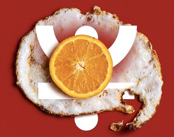 A slice of toasted bread and half an orange are arranged over a red background to visually form a coin or energy/transaction icon. The image cleverly represents the "insufficient energy" issue described in the post, using the orange as a symbol for energy/battery power that powers crypto transactions, while the toast outlines a coin-like shape, tying together the themes of food for fuel and blockchain energy costs.