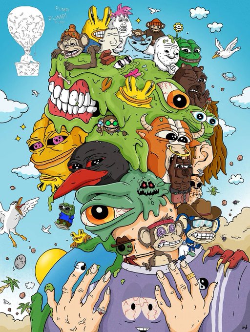A vibrant, chaotic illustration featuring a large pile of various cartoonish creatures, monsters, and characters stacked together, with hands reaching up from the bottom and white birds flying in the blue sky background.