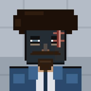 Pixel art character portrait depicting a man with a dark beard, mustache, and dark hair, wearing a blue jacket over a white shirt.