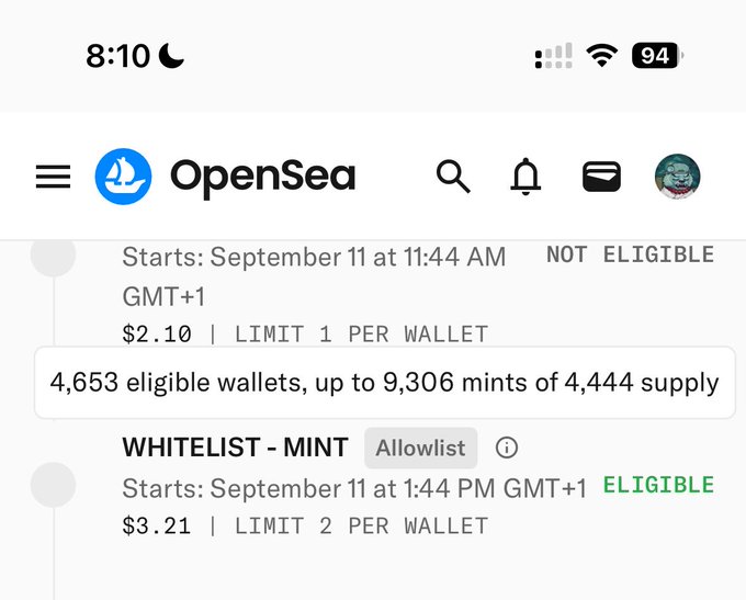 A mobile screenshot of the OpenSea app showing NFT mint details, including '4,653 eligible wallets, up to 9,306 mints of 4,444 supply' and a whitelist mint status marked as 'ELIGIBLE' starting September 11 at 1:44 PM GMT+1 for $3.21 with a limit of 2 per wallet.