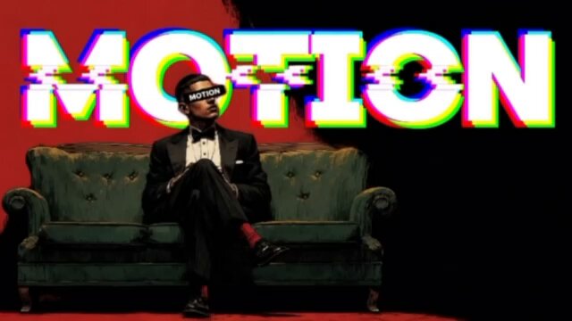 The image features a man sitting on a couch, wearing a tuxedo with a bow tie. The background of the image is black, but there are some colors present as well. The text "motion" can be seen in the image, which suggests that this photo might be related to an advertisement or promotional material for a motion-related product or service.
