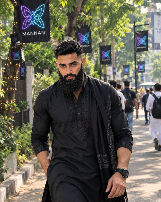 A bearded man wearing a black traditional outfit with embroidered details walking down a street lined with banners reading 'MANNAN'.