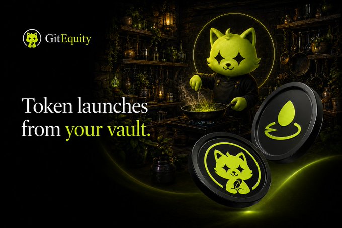 A promotional image for GitEquity featuring a green cat mascot cooking in a dark kitchen, with the text "Token launches from your vault" and the tagline illustrating how GitEquity lets users launch tokenized stocks directly from a smart contract vault using a single GitHub command (@gitequitybot launch $TICKER), eliminating the need for a brokerage or KYC.