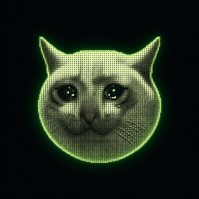 A stylized digital art illustration of a cat's face rendered in green dots/pixels with a glowing effect against a black background.