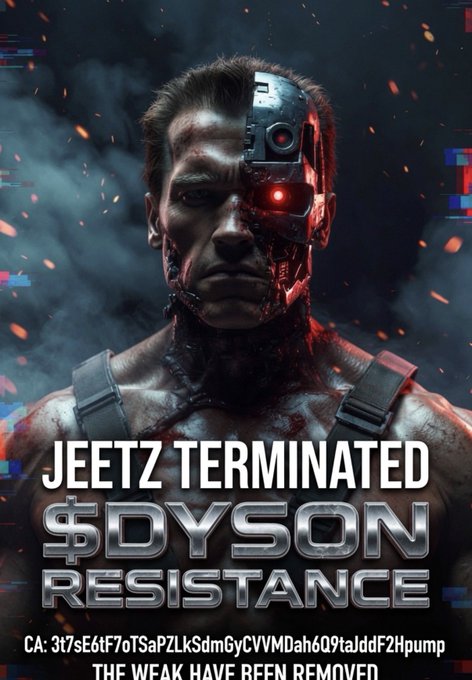 A dystopian poster depicts a Terminator-style cyborg face with the text 'JEETZ TERMINATED $DYSON RESISTANCE' and a contract address 'CA: 3t7sE6tF7oTSaPZLkSdm6yCVVMDah6Q9tajddF2Hpump', labeled 'THE WEAK HAVE BEEN REMOVED'.