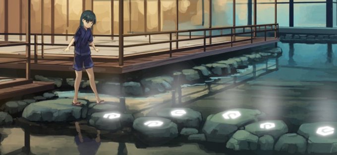 The image features a woman walking across rocks, with water surrounding her. There are also floating lights in the water that appear to be guiding her path. The caption reads "eCash is still lighting the way. $XEC". This suggests that there might be some sort of digital currency or payment system being used for this particular scene, possibly related to the woman's journey across the rocks and through the water.