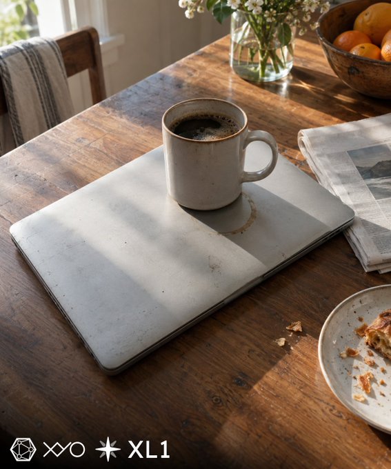 A warm lifestyle photograph features a coffee mug sitting on a closed silver laptop on a rustic wooden table, accompanied by a vase of baby's breath flowers, a newspaper, and a bowl of oranges in the background, with an "XYO XL1" watermark.