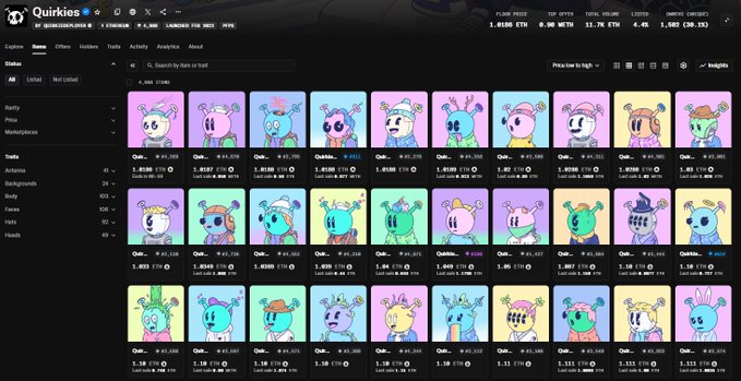 A screenshot of the Quirkies NFT marketplace on OpenSea displaying various Quirky NFT collectibles with prices in ETH and floor price statistics at the top.