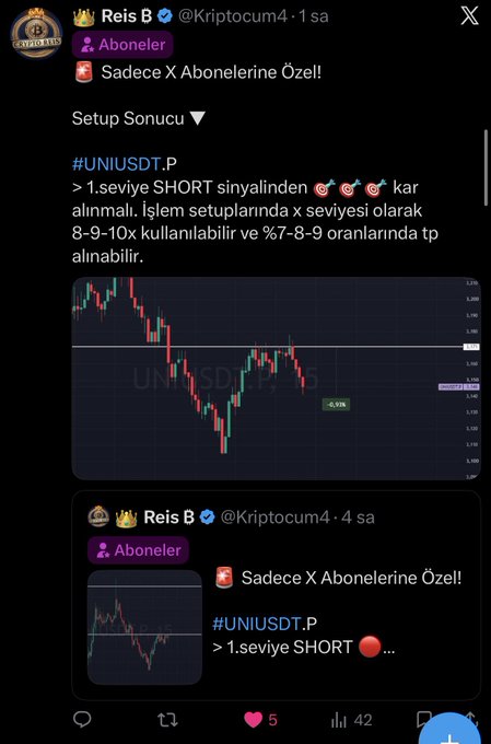 A Turkish-language X post from "Reis B" (@Kriptocum4) shares an exclusive trade setup for UNIUSDT.P, indicating a level 1 SHORT signal with suggested 8-9x leverage and take-profit targets in the %7-8-9 range, marked as "Abone" (subscriber) exclusive content. The post's caption about distributing subscriber revenue aligns with this premium content offering reserved for paying subscribers.