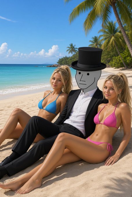 A digitally edited image showing a cartoon-style figure with a gray mask and top hat in a suit, sitting on a beach between two women in bikinis.