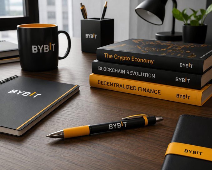 A sleek desk setup featuring BYBIT-branded merchandise, including a black coffee mug, pen holder, stack of books titled "The Crypto Economy," "Blockchain Revolution," and "Decentralized Finance," a notebook, and a pen. The branded items reflect the "GM Legends" post by showcasing Bybit's identity as a prominent player in the crypto and blockchain space.