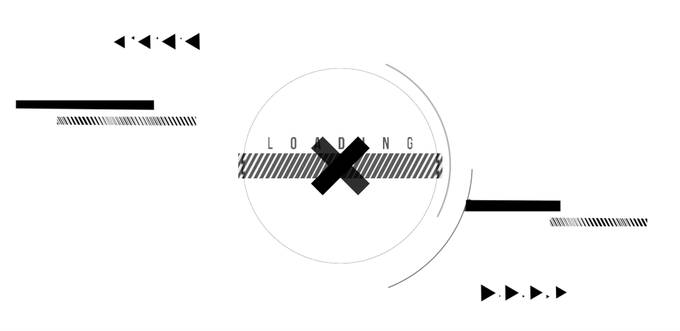 A minimalist black and white graphic with an X mark in the center and the word 'LOADING' spaced out across a hatched line.