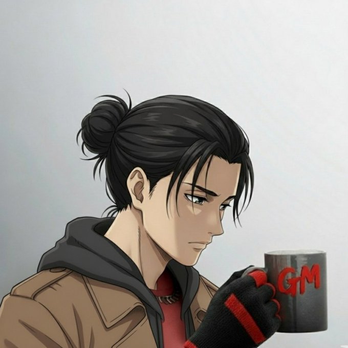 An anime-style illustration of a young man with dark hair in a bun, wearing a brown jacket and red shirt, holding a gray mug that reads "GM" in red letters.