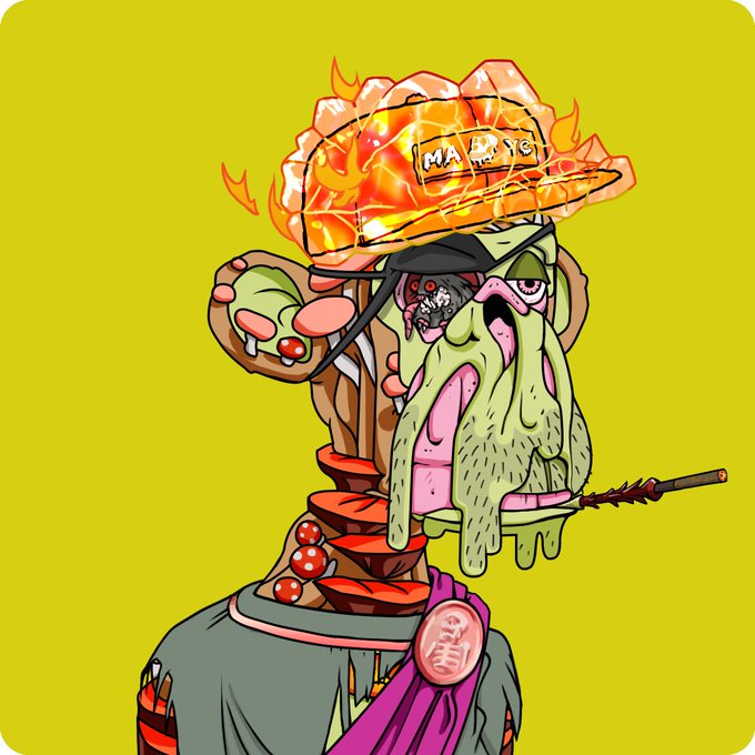 The image features a cartoon character with a face, dressed as a man wearing a hat and a robe. The character has a long beard and is holding a pipe in his mouth. The background of the image is yellow, which contrasts with the colorful attire of the character. There are also some text elements present in the image that read "@BoredApeYC" and "@BoredApeC".