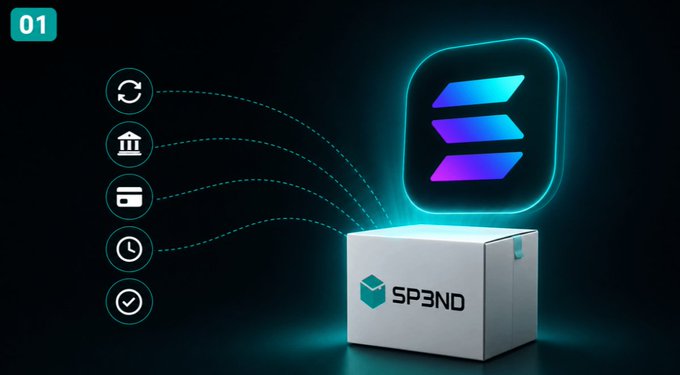 A digital graphic shows a glowing neon Solana logo emerging from a white box labeled 'SP3ND' with various icons connected by dotted lines, and a '01' indicator in the corner.