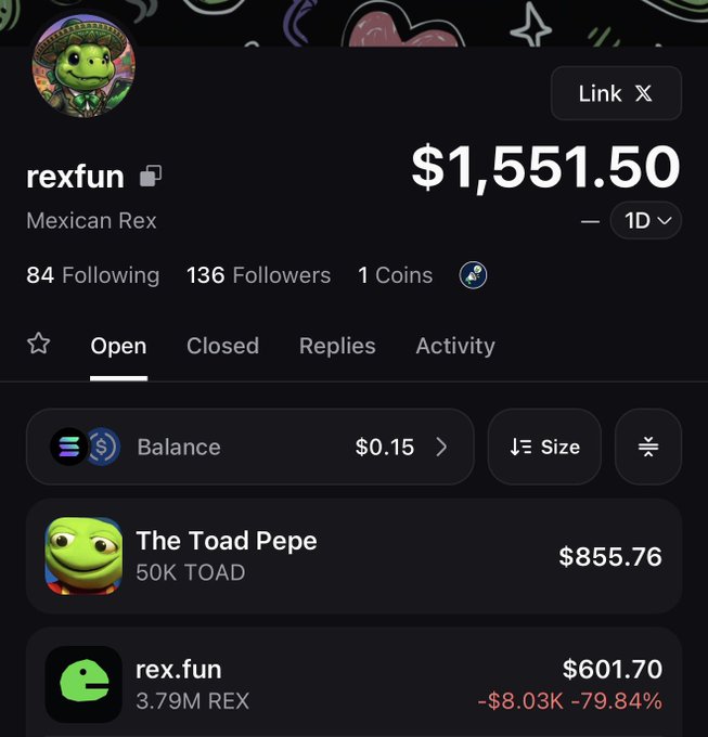 A trading profile for 'rexfun' (Mexican Rex) showing a balance of $1,551.50, with holdings in 'The Toad Pepe' ($855.76) and 'rex.fun' ($601.70, -79.84%).