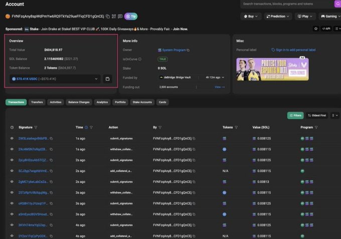 A screenshot of a Solana blockchain account page for address "FVNFzqAjyBbpWdPmYw6iR2FTkYs2jupFHqcFDTjcNrCl" showing a total value of $604,818.97 and 2 Tokens (including $604,567.7 in SOL), with a transactions list displaying repeated small withdrawals of 0.008125 SOL by "submit_signatures" and "withdraw_solana" actions—potentially illustrating the automated wallet draining activity referenced in the Avici wallet compromise report.