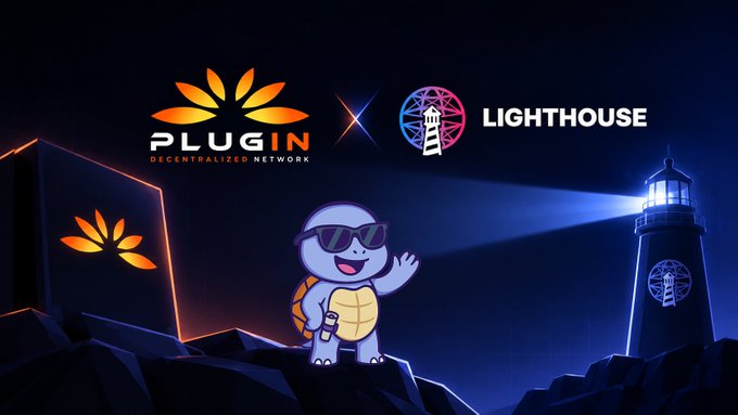 A promotional graphic showing a 'PLUG IN DECENTRALISED NETWORK' logo alongside a 'LIGHTHOUSE' logo with a cartoon turtle wearing sunglasses and a flashlight beam shining from a lighthouse.