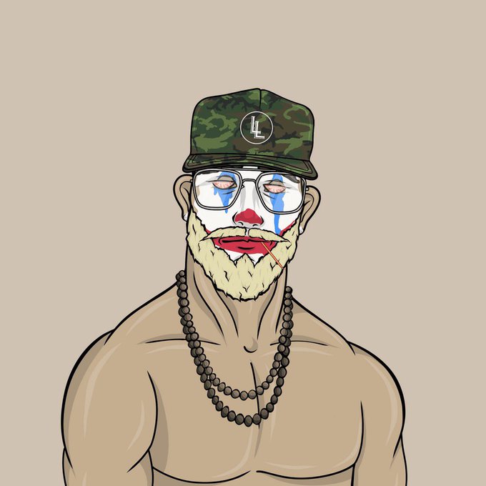 A cartoon illustration of a shirtless man wearing a camo hat with an 'LC' logo, glasses, clown makeup with blue tears and red lips, and a dark beaded necklace.