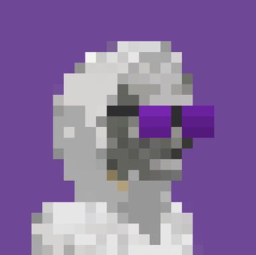 A pixel art image of a character with white hair wearing purple sunglasses against a purple background.