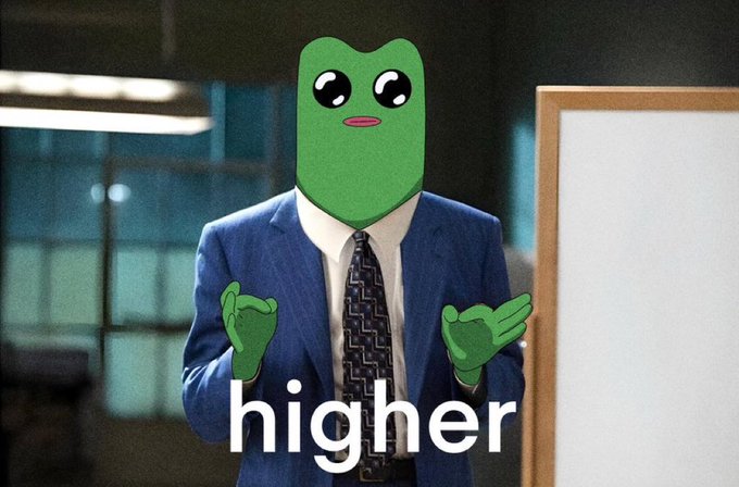 A composite image of a person in a blue business suit and tie with their face and hands replaced by a green cartoon frog-like character, with the word 'higher' displayed at the bottom.